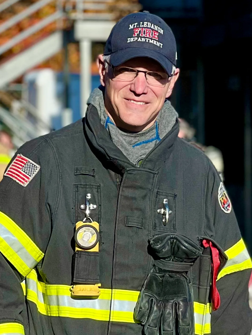 Andrew Flynn in turnout gear at the Mt. Lebanon Fire Department.