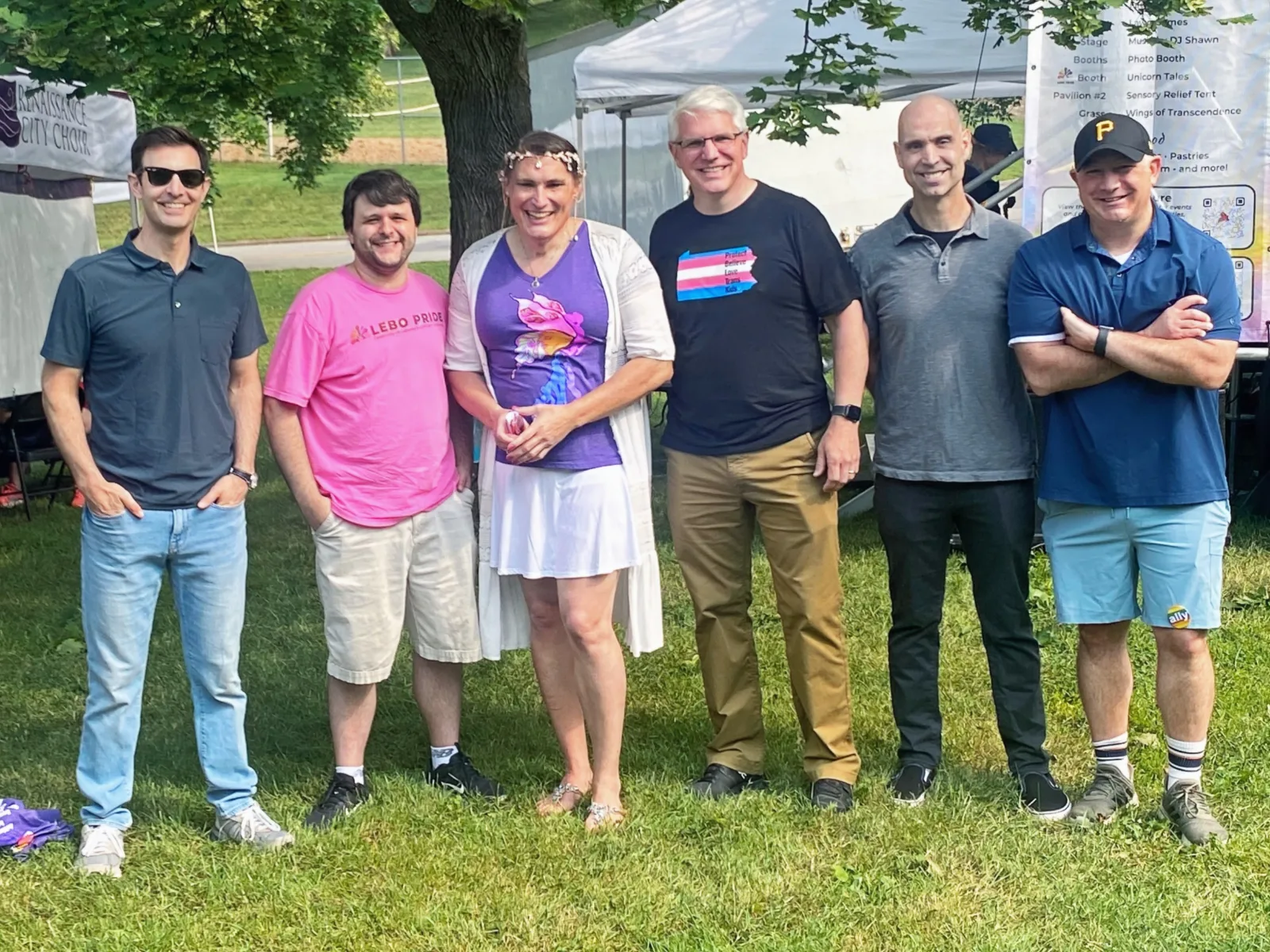 L-R  Congressman Chris Deluzio, Allegheny County Councilmember, Tom Duerr, LeboPride President Asta Kill, Mt. Lebanon Commissioner, Andrew Flynn, MTLSD School Board President, Jake Wyland, and PA State Representative Dan Miller.